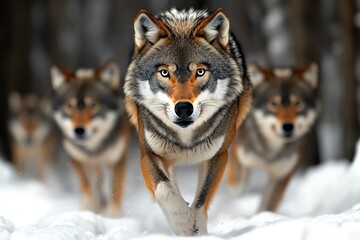 Naklejka premium A pack of wolves running through a snowy forest, their fur blending with the snow as they hunt in the wilderness