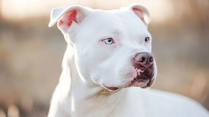 Obraz premium A close-up of a white bulldog adorned with distinctive spots around its eyes, emphasizing its unique facial features and gentle expression. 