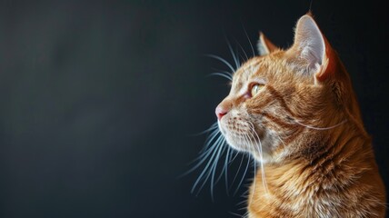 Orange cat with striking whiskers looking to side against dark background