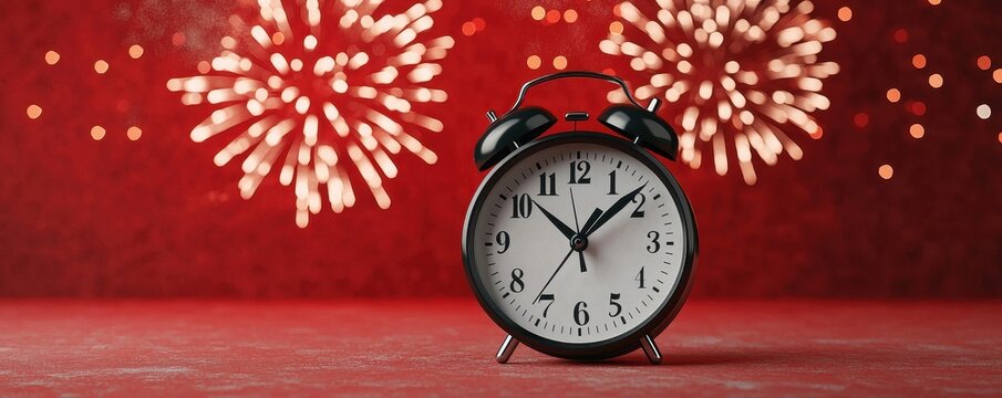 Countdown clock with fireworks exploding in the background, New Year's Eve excitement, deep focus on every moment 