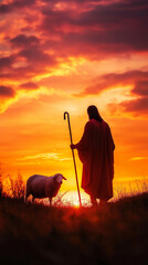 Christianity, Jesus Christ is often depicted as shepherd who cares for his flock, symbolizing faith and religion through imagery of lamb, pasture, emphasized in Bible and within church community.
