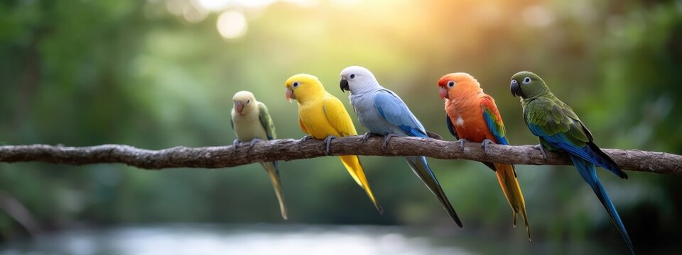 Vibrant beauty: a colourful parrot perched gracefully in heart of nature, surrounded by lush greenery, brilliant plumage and blending harmoniously with the wild environment.