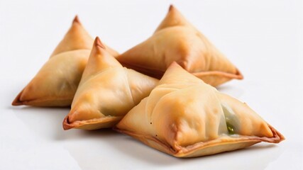 Four golden brown, crispy pastries on a white surface.