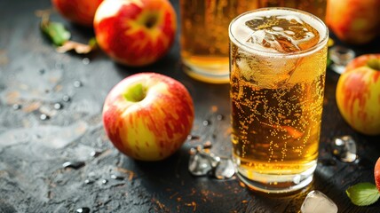 Chilled apple cider in two glasses with fresh apples nearby, on dark textured surface
