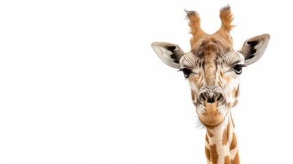 Naklejka premium Frontal view of giraffe head against white background, looking at camera