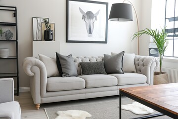Comfortable grey sofa in modern living room with soft colours, stylish interior design. Beautiful carpet, houseplant, lamp, mirror add to cozy atmosphere. Contemporary furniture, shelving unit,