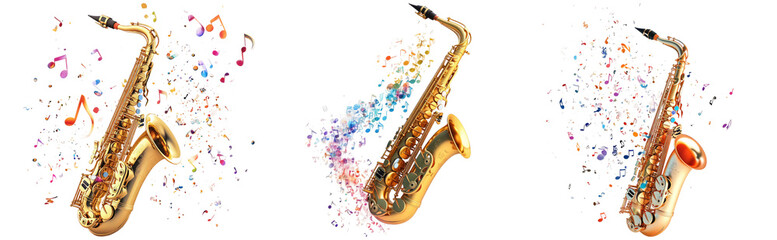 Naklejka premium Vibrant Saxophones with Colorful Musical Notes Isolated on Transparent Background