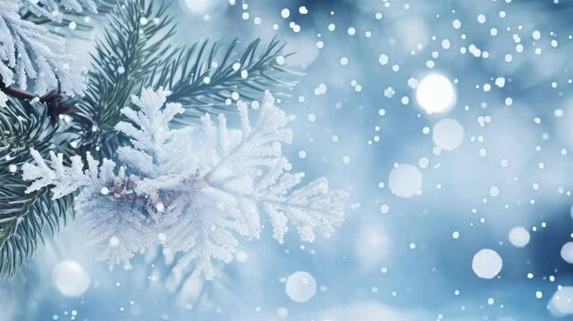Snowy christmas tree branch sparkles with lights in a magical winter scene, serene and tranquil with no people, perfect for holiday celebrations