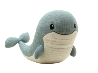 Adorable stuffed whale with a light blue body and a soft white belly featuring a small embroidered
