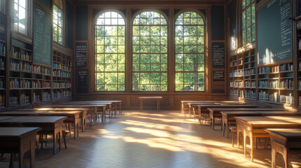 Empty library with desks and chairs ready for students.