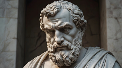 Fototapeta premium Marble Statue of a Stoic Philosopher in Classical Roman or Greek Robes, Expressing Wisdom and Contemplation. A Realistic Sculpture Featuring Detailed Facial Features, Symbolizing Ancient Philosophy .