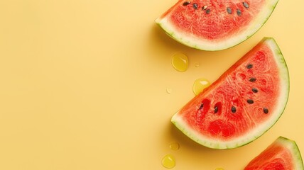 Slices of fresh, juicy watermelon on yellow background