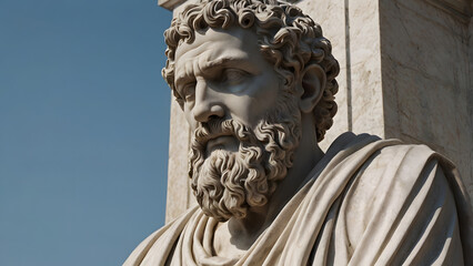 Obraz premium Marble Statue of a Stoic Philosopher in Classical Roman or Greek Robes, Expressing Wisdom and Contemplation. A Realistic Sculpture Featuring Detailed Facial Features, Symbolizing Ancient Philosophy .