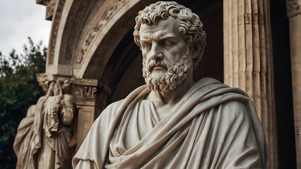 Fototapeta premium Marble Statue of a Stoic Philosopher in Classical Roman or Greek Robes, Expressing Wisdom and Contemplation. A Realistic Sculpture Featuring Detailed Facial Features, Symbolizing Ancient Philosophy .