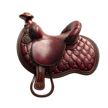 Antique sidesaddle with elegant scrollwork and a side horn featuring a rich burgundy leather