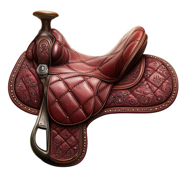 Antique sidesaddle with elegant scrollwork and a side horn featuring a rich burgundy leather