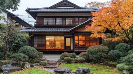 Traditional Japanese House with Autumn Foliage