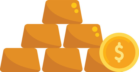 Gold bars stacked in the shape of a pyramid with a dollar coin next to them symbolizing wealth