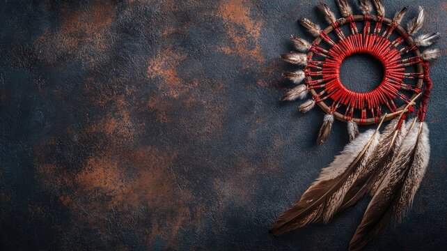 Handmade dreamcatcher with feathers on textured background