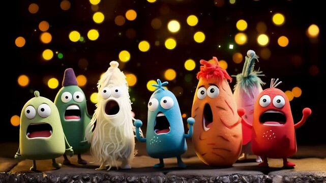 Colorful puppets singing christmas carols on a festive stage surrounded by magical lights. Adorable costumes bring joy to a family friendly show, spreading festive cheer to kids