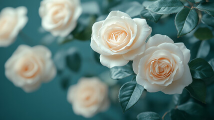 Soft white roses bloom against a teal background.