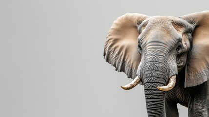Obraz premium Close-up of majestic elephant with tusks against plain background