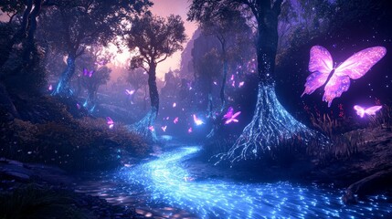 Fototapeta premium Enchanted Forest with Glowing Butterflies