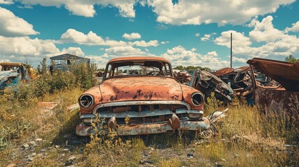 Rusty Classic Car in Junkyard
