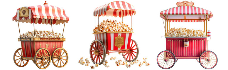 Colorful pop corn carts with vintage style and design Isolated on Transparent Background