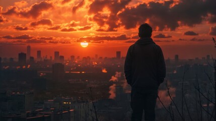 Silhouette of a person gazing at a vibrant city skyline as the sun sets, casting an orange glow across the sky..