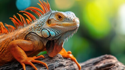 Fototapeta premium Vibrantly colored iguana basking on log in sunlight with blurred green background