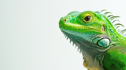 Fototapeta premium Close-up of vibrant green iguana with detailed scales and sharp features against light background