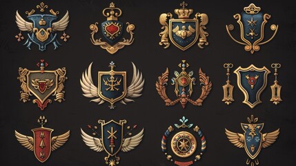 Elegant Heraldic Coat of Arms Crest Badges Collection on Dark Background