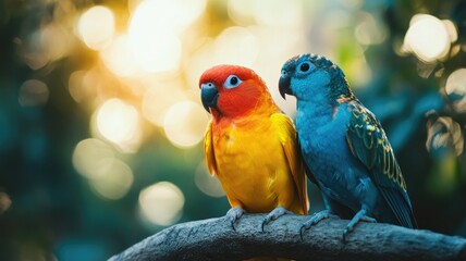 Colorful birds perched on branch, vibrant backgrounds with bokeh