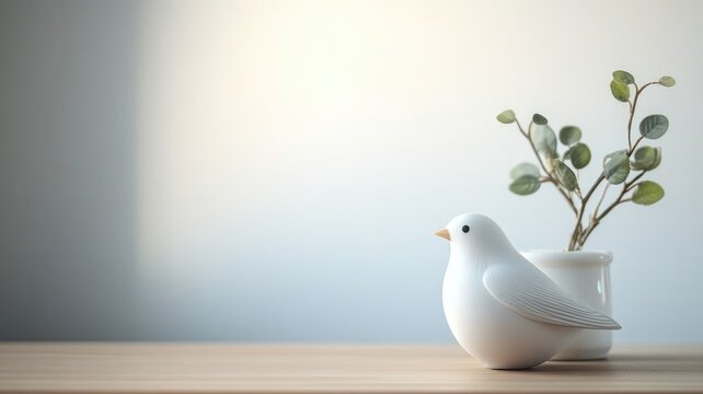 Minimalist white ceramic bird beside small plant in pot on wooden table