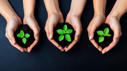 Hands cradle green seedlings in rich soil, symbolizing new growth and life against a dark background.
