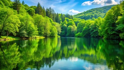 Lush green forest across a serene lake, nature, landscape, trees, water, reflection, scenic, tranquil, wilderness