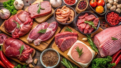 Fototapeta premium Variety of raw meat including beef, chicken, pork, lamb, and turkey, raw, meat, beef, chicken, pork, lamb, turkey, food