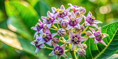 Closeup of a vibrant Calotropis procera flower in nature, calotropis procera, flower, closeup, nature, plant, white, purple