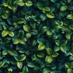 Fototapeta premium Small leaves forming a uniform wall, deep greens with soft light, capturing the essence of nature's beauty, ideal for serene backgrounds.