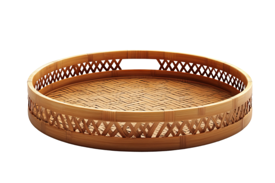 Bamboo tray with a round base and side handles showcasing a light and airy weave pattern