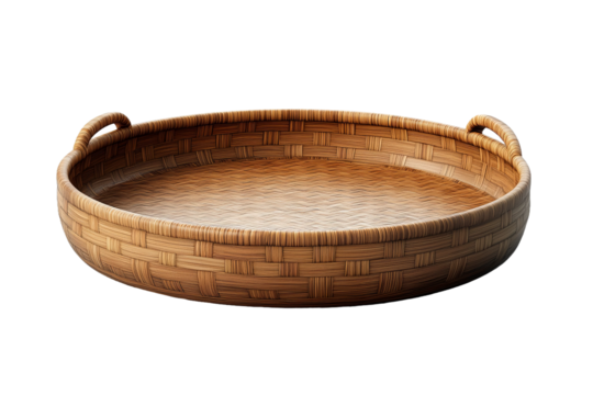 Bamboo tray with a round base and side handles showcasing a light and airy weave pattern