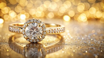 Fototapeta premium Elegantly displayed gold ring with diamonds against a soft bokeh background exuding luxury and sophistication, jewelry