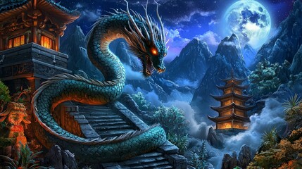 Obraz premium Mythical Dragon Guarding Ancient Pagoda