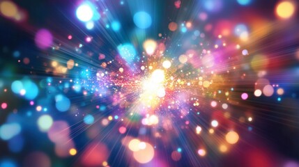 Fototapeta premium Abstract light patterns with multicolored beams shooting from the center of the frame.