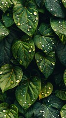 Fototapeta premium Rain-soaked leaf wall, tiny leaves with sparkling droplets, deep greens, soft light, capturing the serenity and freshness of the rain.