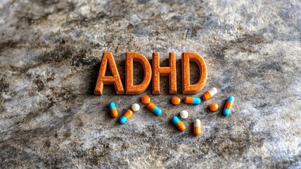 Conceptual image of ADHD and medications on textured background