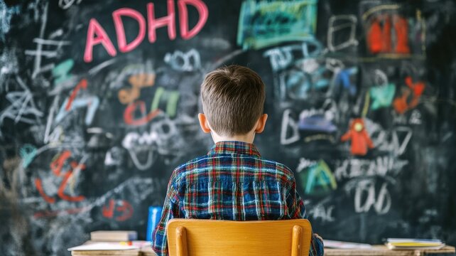 Young boy facing chalkboard with ADHD written amid colorful drawings and text - Powered by Adobe
