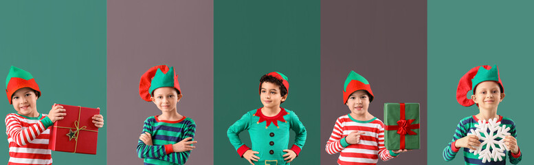 Set of cute children in Christmas elves costumes on color background