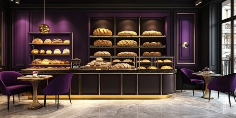 dark purple and gold modern bakery coffee shop with different breads in elegant display case and set of table and chair 